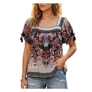 ICE black Multicolor sheer crochet trim square peasant tassel puff sleeve top XL